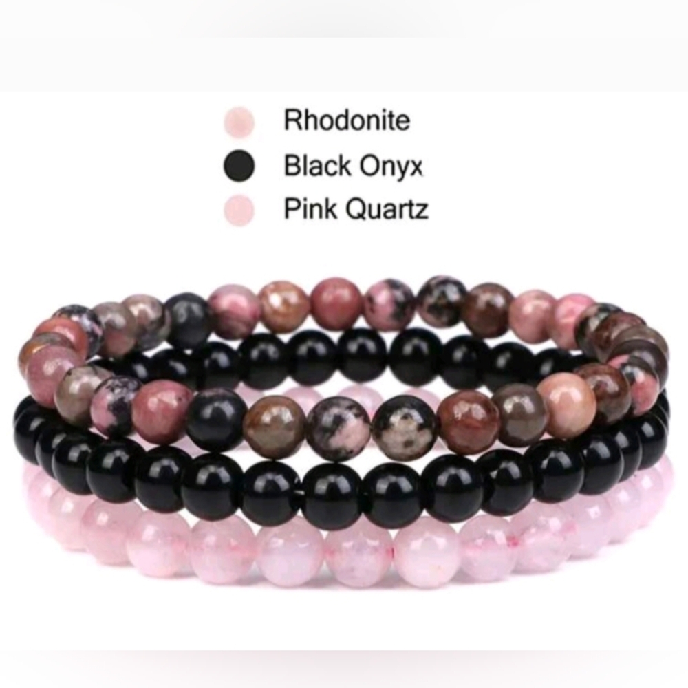 3 Crystal Gemstone Bracelets Handmade  Quartz Rhodonite Onyx Chakra Bracelets